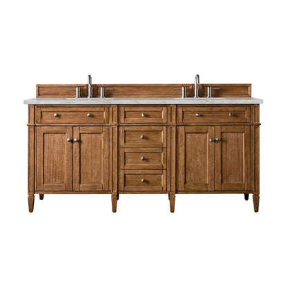 James Martin - Brittany 72" Double Vanity, Saddle Brown w/ 3 CM Victorian Silver Silestone Top w/FreePower Wireless Charger - 650-V72-SBR-FVSL view 1