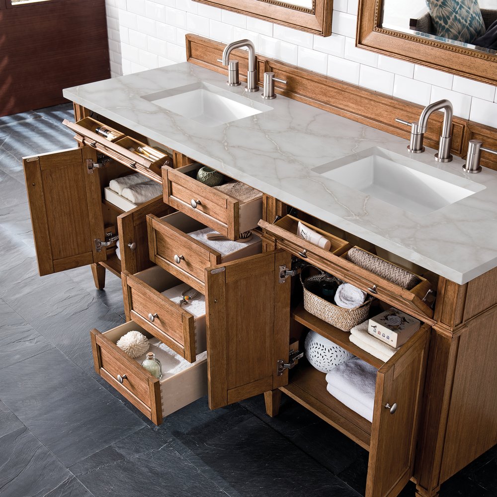 James Martin - Brittany 72" Double Vanity, Saddle Brown w/ 3 CM Victorian Silver Silestone Top w/FreePower Wireless Charger - 650-V72-SBR-FVSL view 6