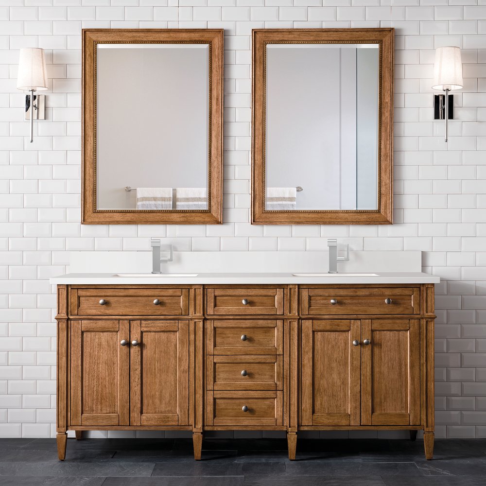 James Martin - Brittany 72" Double Vanity, Saddle Brown w/ Single Hole 3 CM White Zeus Silestone Top & Backsplash - 650-V72-SBR-1WZ view 3