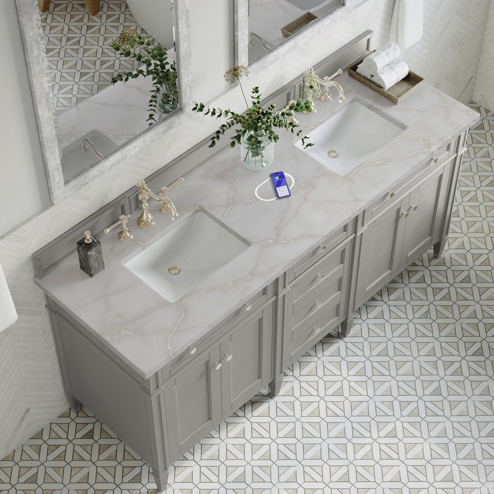 James Martin - Brittany 72" Double Vanity, Urban Gray w/ 3 CM Victorian Silver Silestone Top w/FreePower Wireless Charger - 650-V72-UGR-FVSL view 8