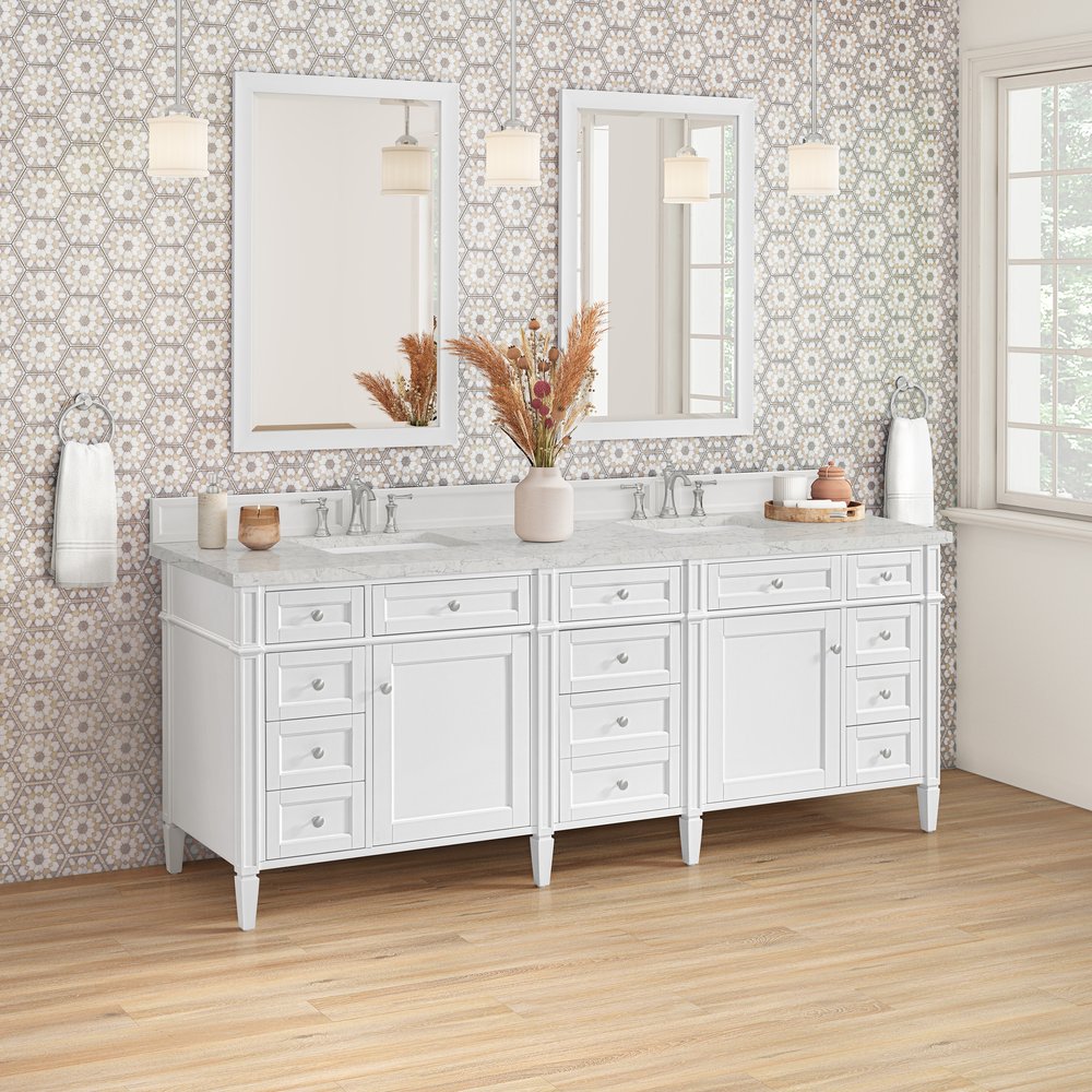 James Martin - Brittany 84" Double Vanity, Bright White w/ 3 CM Eternal Jasmine Pearl Top - 655-V84-BW-3EJP view 4