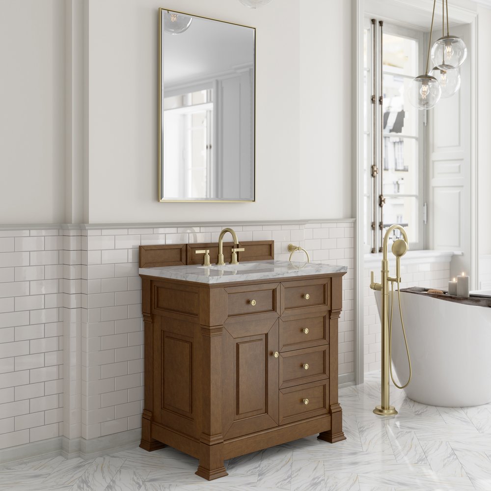 James Martin - Brookfield 36" Single Vanity, Honey Oak w/ 3 cm Carrara White Marble Top - 547-V36-HNO-3CAR view 4
