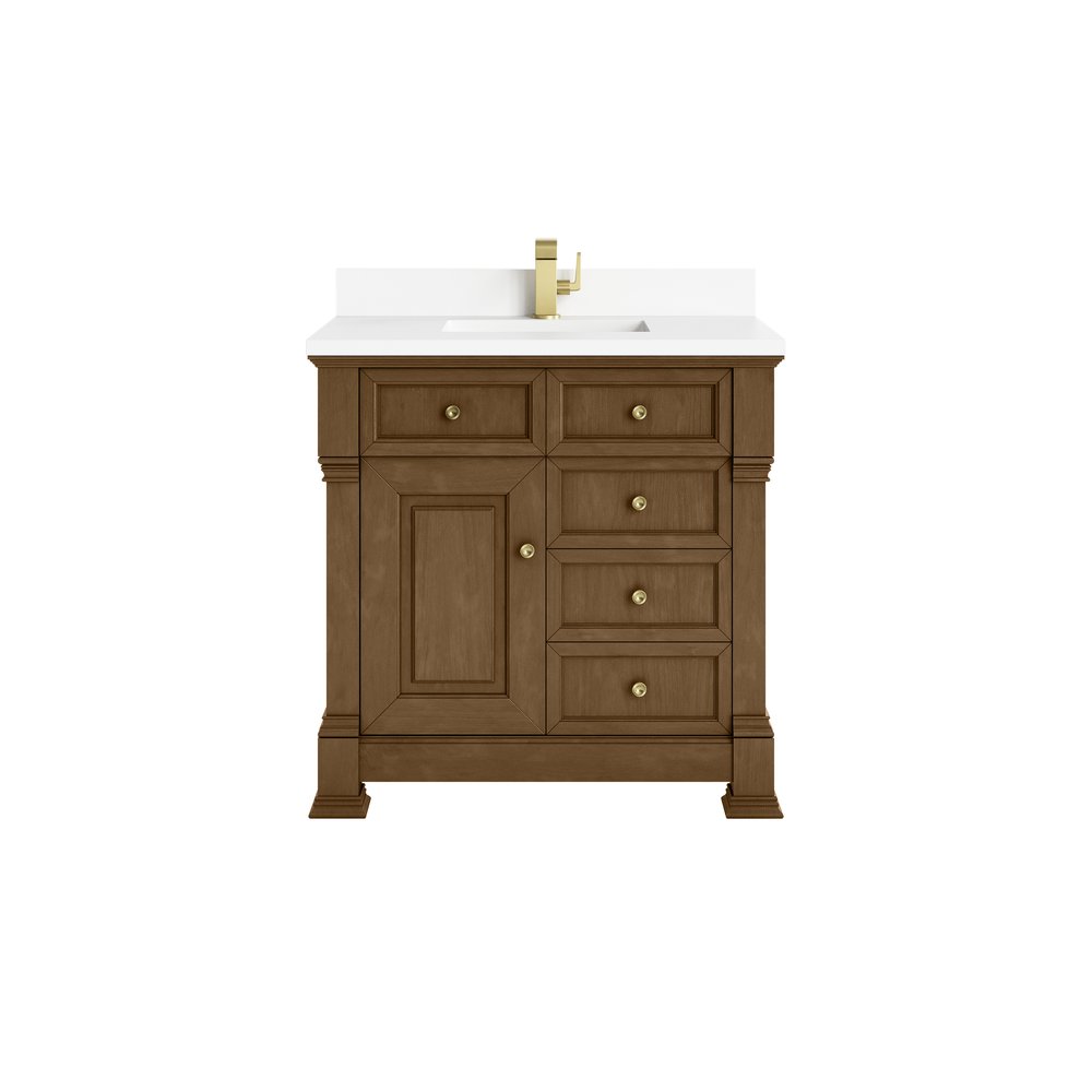 James Martin - Brookfield 36" Single Vanity, Honey Oak w/ Single Hole 3 CM White Zeus Silestone Top & Backsplash - 547-V36-HNO-1WZ view 1