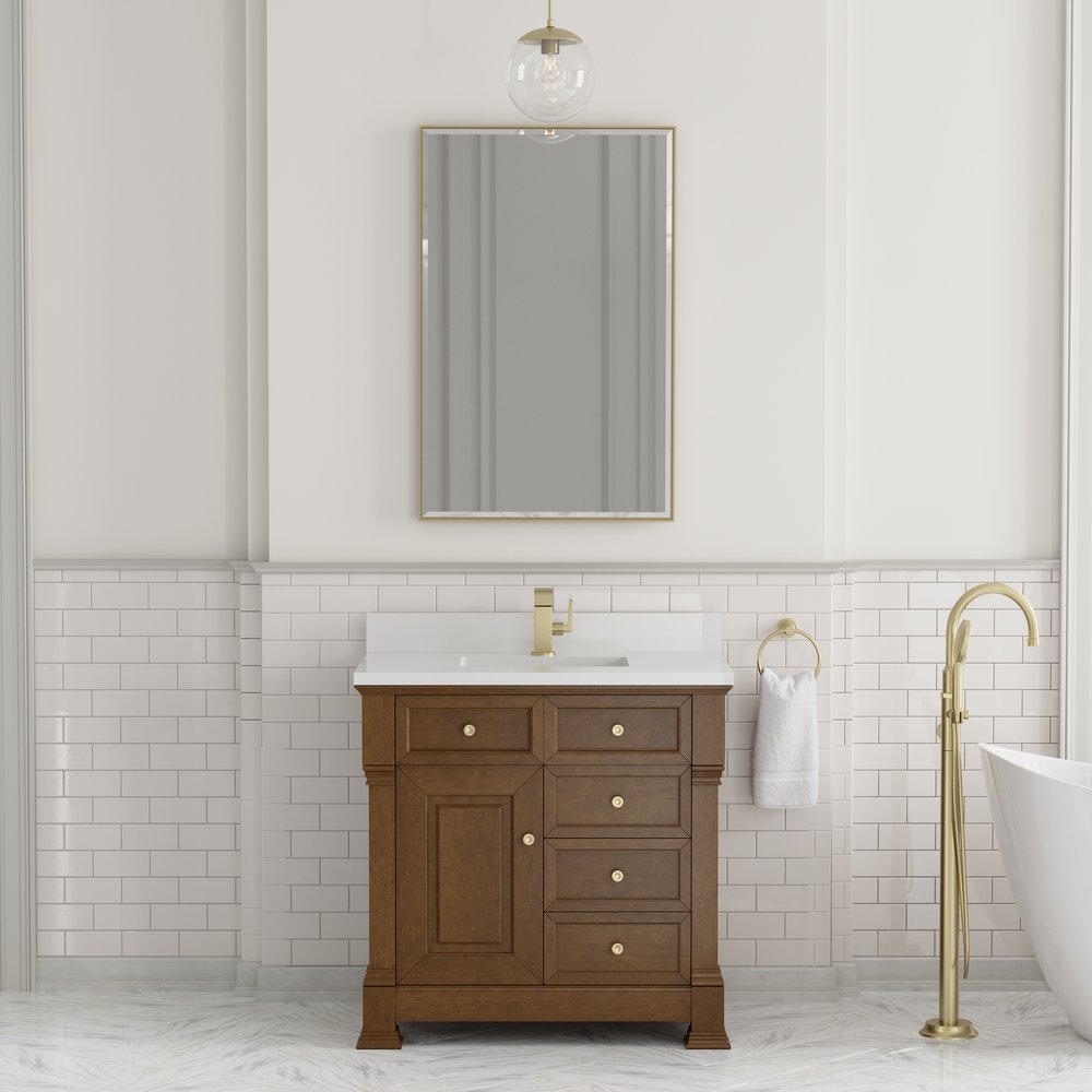 James Martin - Brookfield 36" Single Vanity, Honey Oak w/ Single Hole 3 CM White Zeus Silestone Top & Backsplash - 547-V36-HNO-1WZ view 3