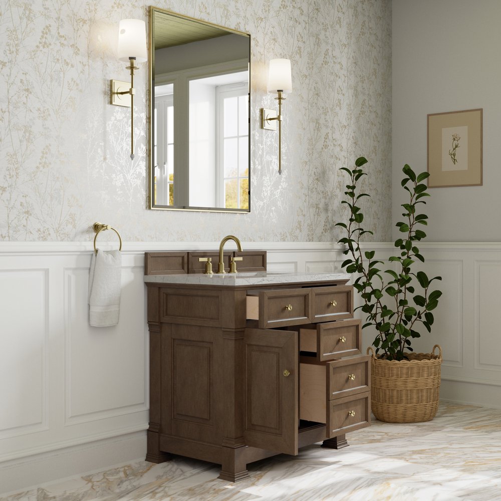 James Martin - Brookfield 36" Single Vanity, Pecan w/3 CM Eternal Jasmine Pearl Silestone Top - 547-V36-PCN-3EJP view 5