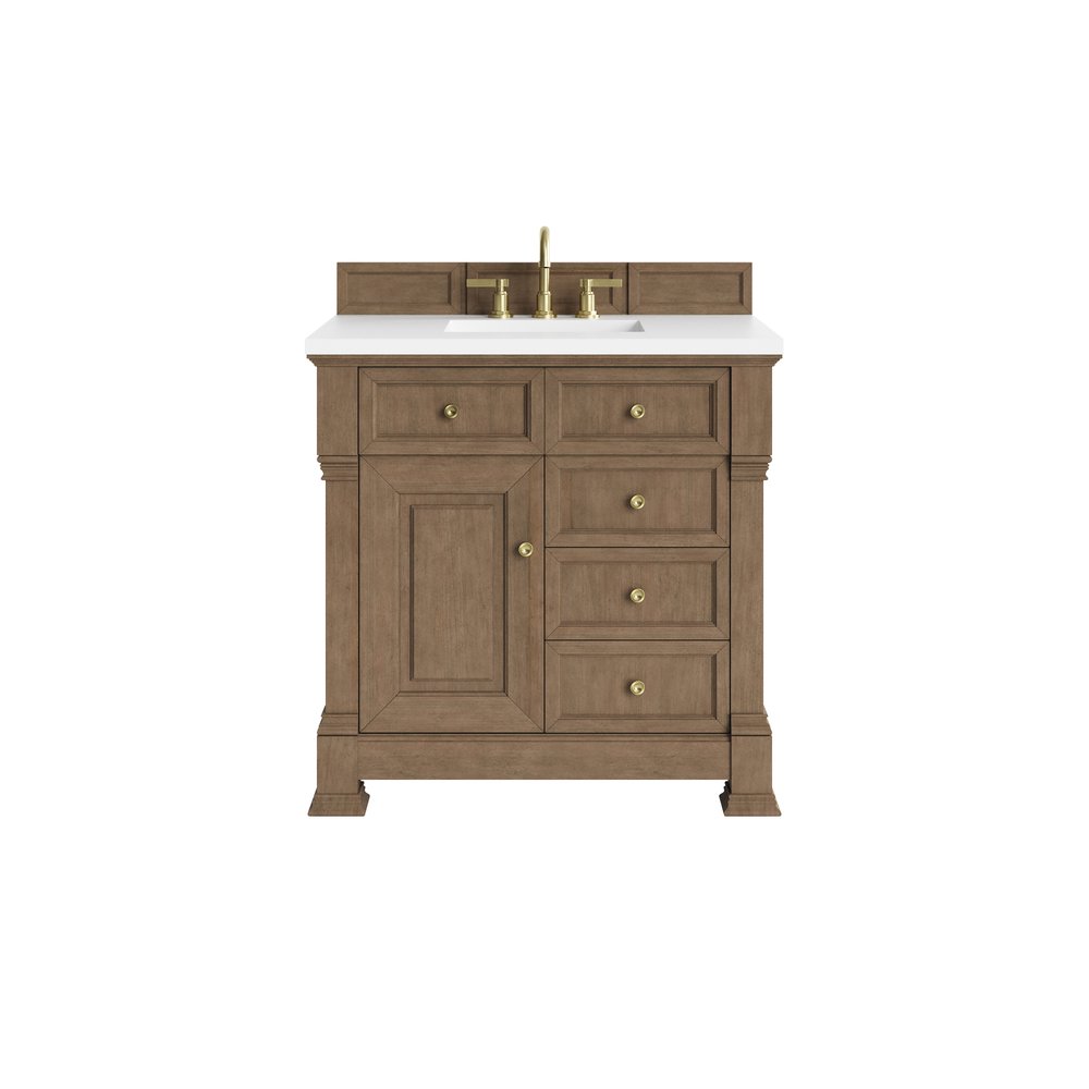 James Martin - Brookfield 36" Single Vanity, Pecan, w/ 3 CM White Zeus Silestone Top - 547-V36-PCN-3WZ view 1