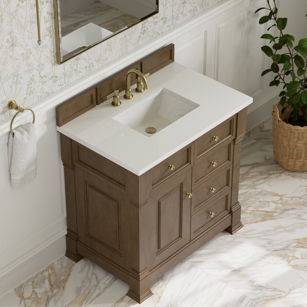 James Martin - Brookfield 36" Single Vanity, Pecan, w/ 3 CM White Zeus Silestone Top - 547-V36-PCN-3WZ view 7