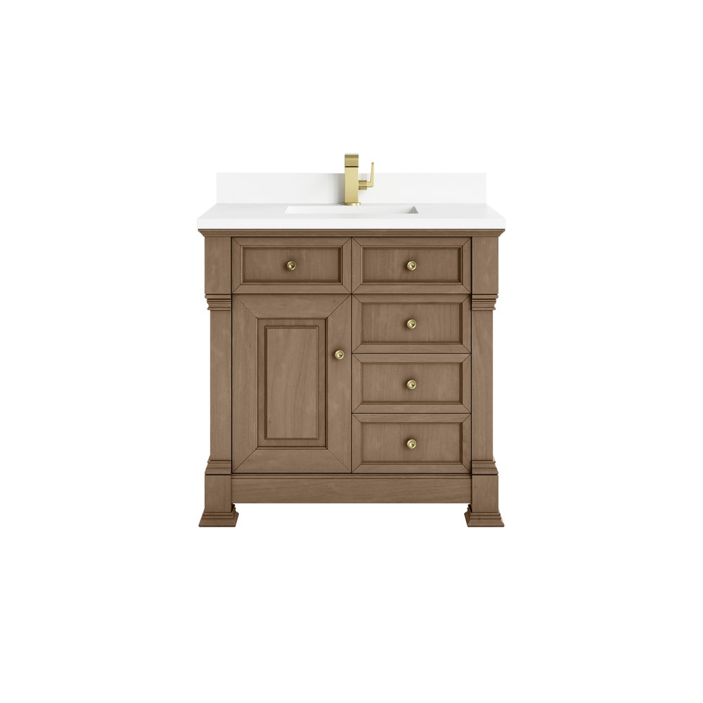 James Martin - Brookfield 36" Single Vanity, Pecan w/ Single Hole 3CM White Zeus Silestone Top & Backsplash - 547-V36-PCN-1WZ view 1