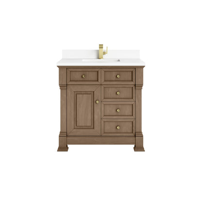 James Martin - Brookfield 36" Single Vanity, Pecan w/ Single Hole 3CM White Zeus Silestone Top & Backsplash - 547-V36-PCN-1WZ view 1