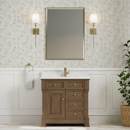 James Martin - Brookfield 36" Single Vanity, Pecan w/ Single Hole 3CM White Zeus Silestone Top & Backsplash - 547-V36-PCN-1WZ view 3