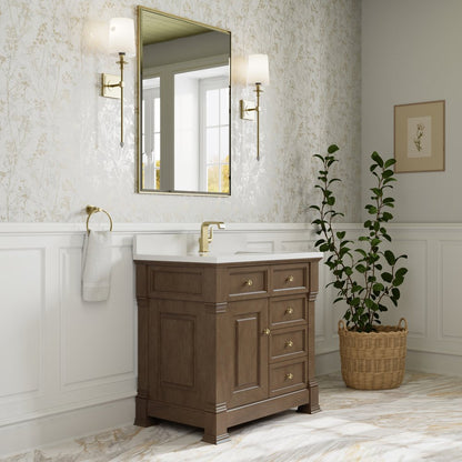 James Martin - Brookfield 36" Single Vanity, Pecan w/ Single Hole 3CM White Zeus Silestone Top & Backsplash - 547-V36-PCN-1WZ view 4