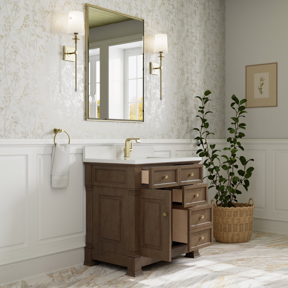 James Martin - Brookfield 36" Single Vanity, Pecan w/ Single Hole 3CM White Zeus Silestone Top & Backsplash - 547-V36-PCN-1WZ view 5