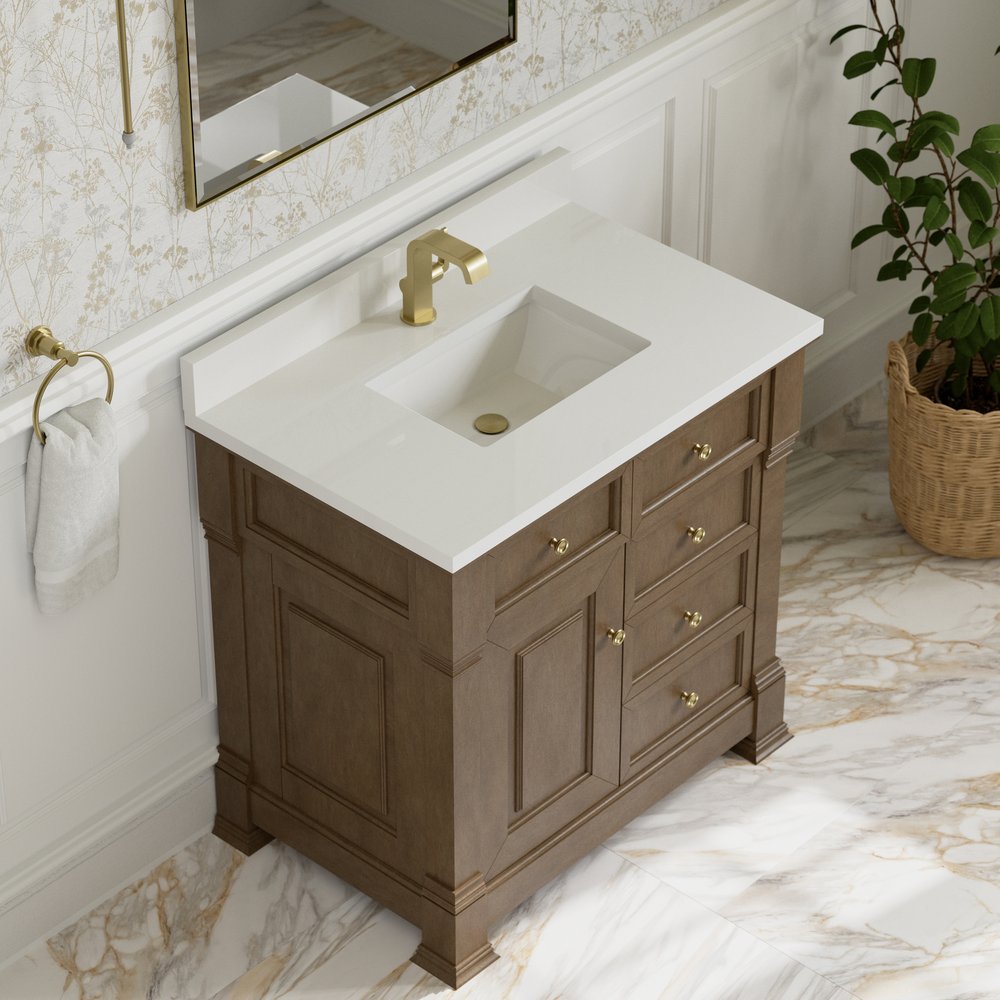 James Martin - Brookfield 36" Single Vanity, Pecan w/ Single Hole 3CM White Zeus Silestone Top & Backsplash - 547-V36-PCN-1WZ view 7