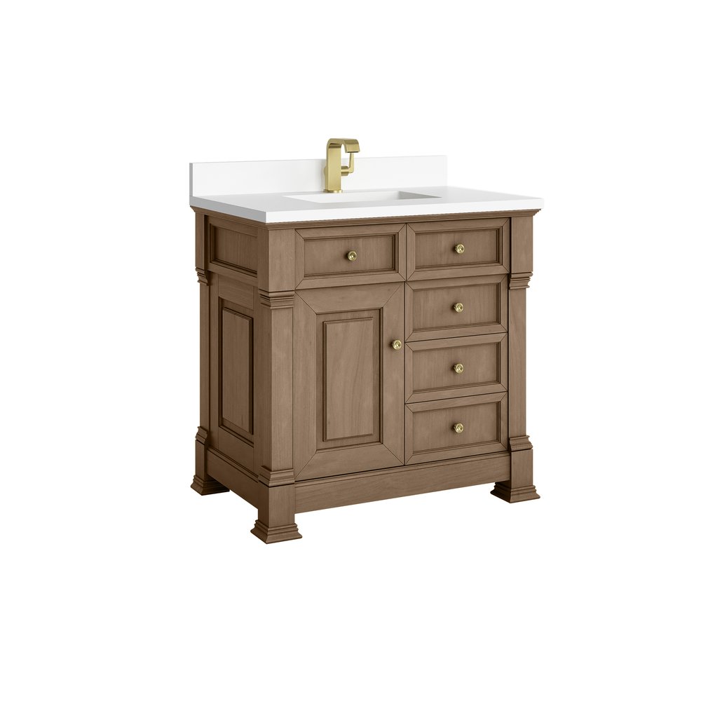 James Martin - Brookfield 36" Single Vanity, Pecan w/ Single Hole 3CM White Zeus Silestone Top & Backsplash - 547-V36-PCN-1WZ view 9