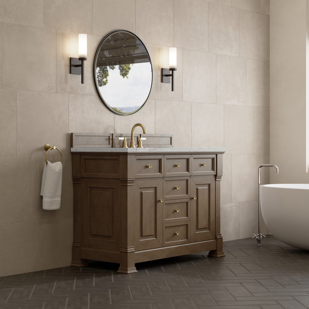 James Martin - Brookfield 48" Single Vanity, Pecan w/3 CM Eternal Jasmine Pearl Silestone Top w/ FreePower Wireless Charger - 547-V48-PCN-FEJP view 5