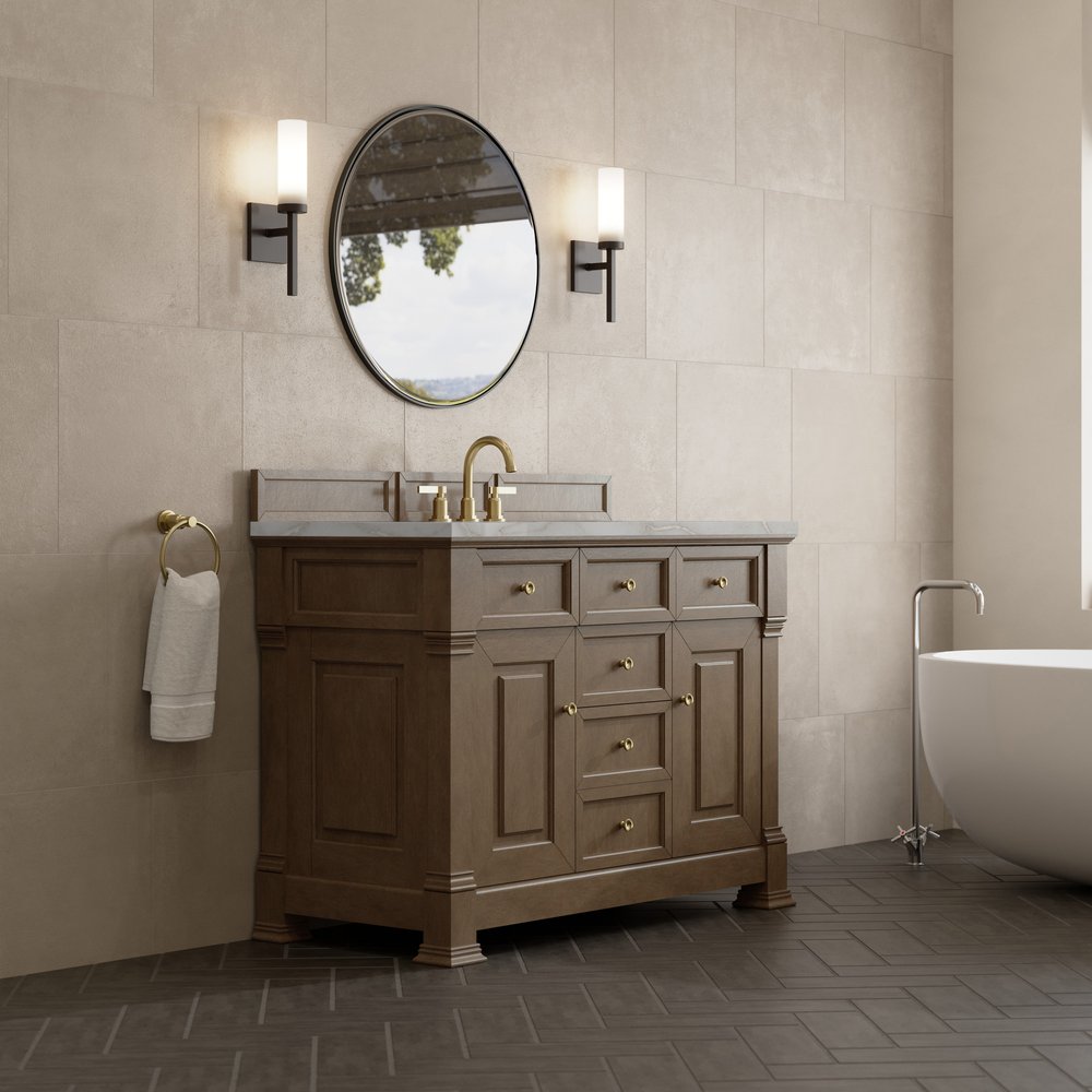 James Martin - Brookfield 48" Single Vanity, Pecan w/ 3 CM Victorian Silver Silestone Top - 547-V48-PCN-3VSL view 4
