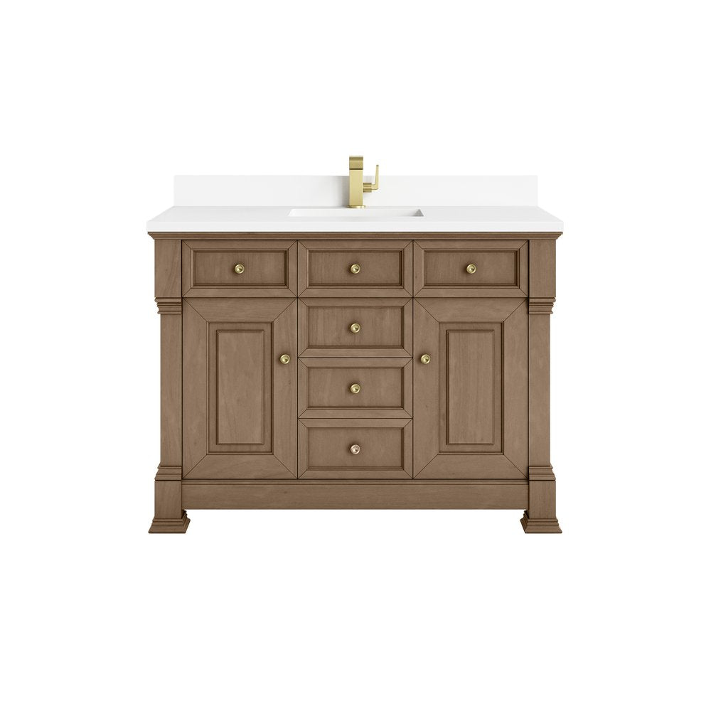 James Martin - Brookfield 48" Single Vanity, Pecan w/ Single Hole 3CM White Zeus Silestone  Top & Backsplash - 547-V48-PCN-1WZ view 1