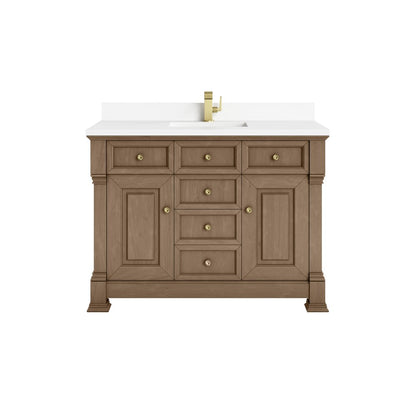 James Martin - Brookfield 48" Single Vanity, Pecan w/ Single Hole 3CM White Zeus Silestone  Top & Backsplash - 547-V48-PCN-1WZ view 1