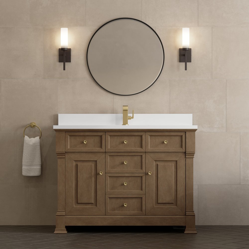 James Martin - Brookfield 48" Single Vanity, Pecan w/ Single Hole 3CM White Zeus Silestone  Top & Backsplash - 547-V48-PCN-1WZ view 3