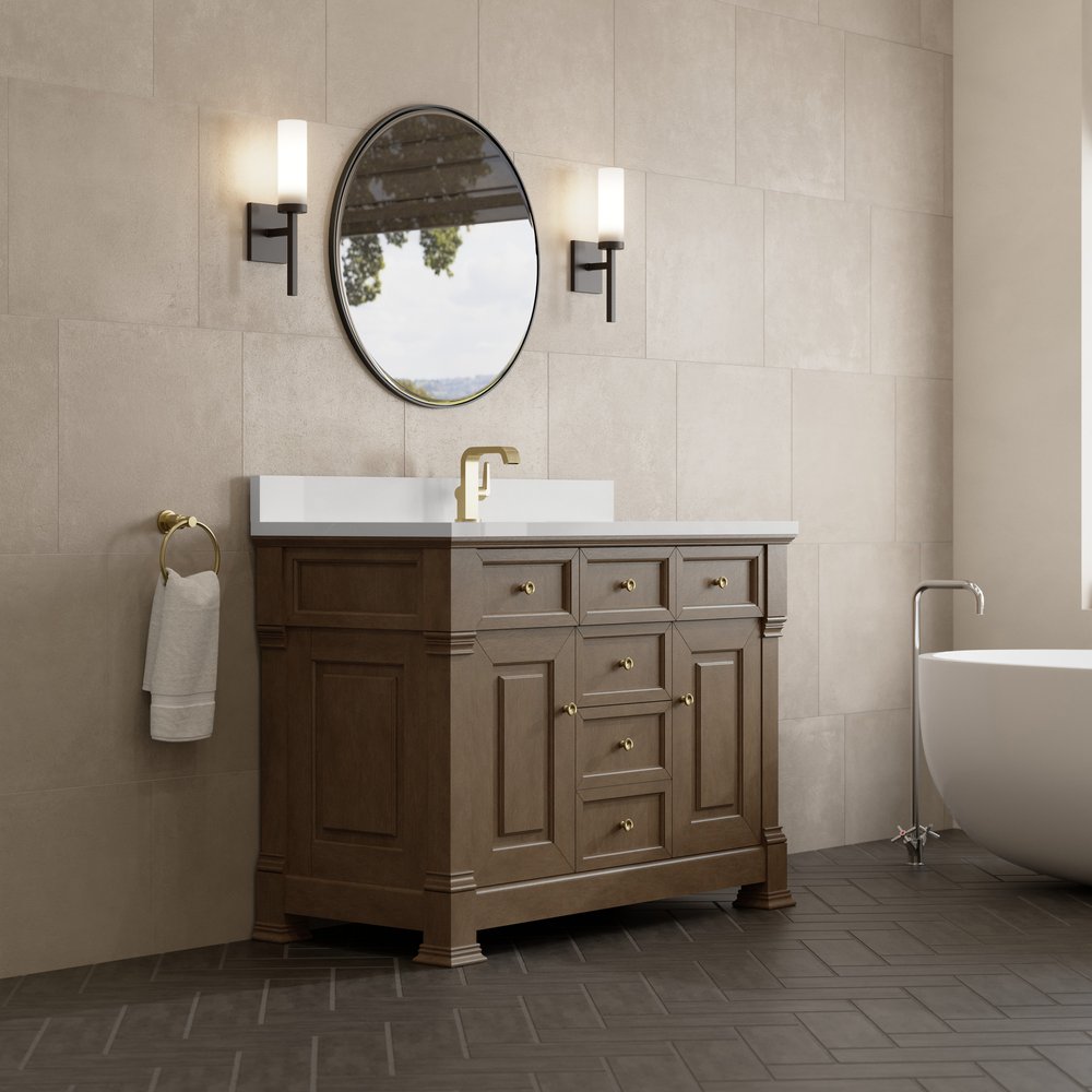 James Martin - Brookfield 48" Single Vanity, Pecan w/ Single Hole 3CM White Zeus Silestone  Top & Backsplash - 547-V48-PCN-1WZ view 4