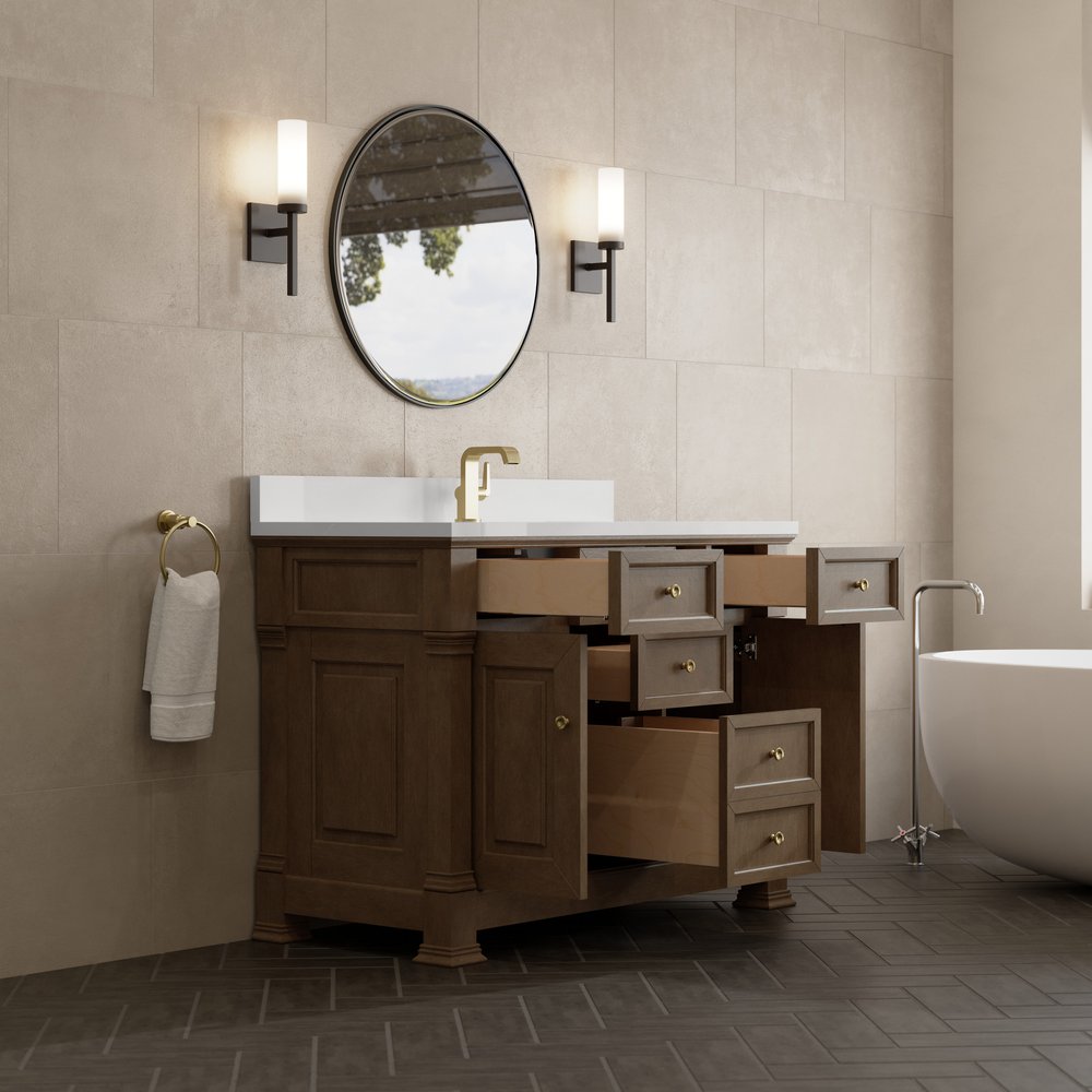 James Martin - Brookfield 48" Single Vanity, Pecan w/ Single Hole 3CM White Zeus Silestone  Top & Backsplash - 547-V48-PCN-1WZ view 5