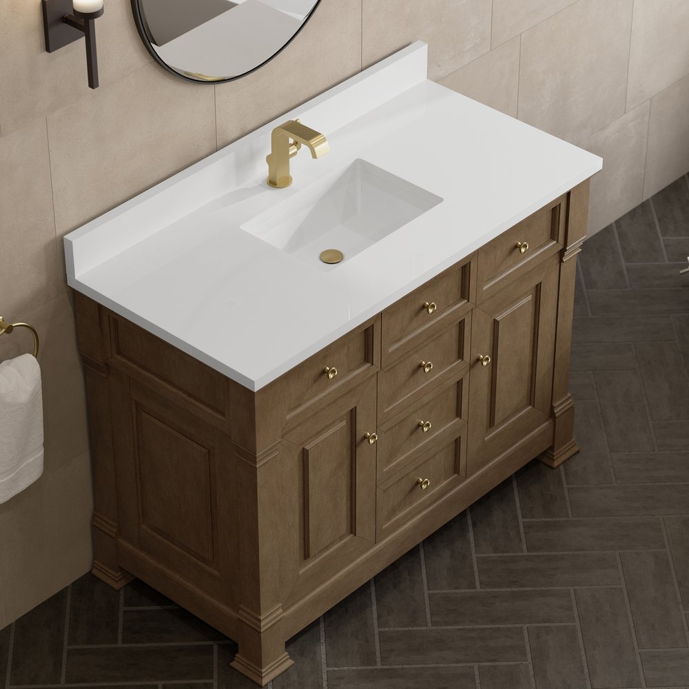 James Martin - Brookfield 48" Single Vanity, Pecan w/ Single Hole 3CM White Zeus Silestone  Top & Backsplash - 547-V48-PCN-1WZ view 7