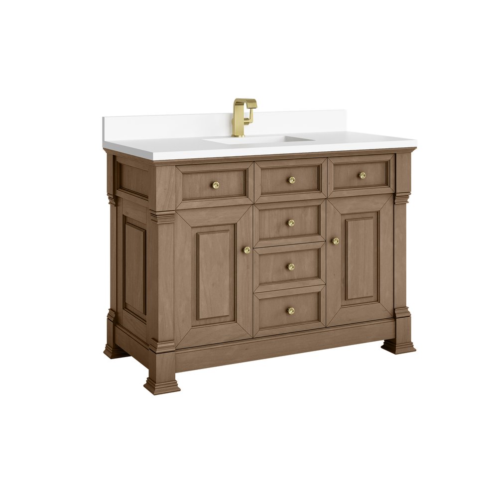 James Martin - Brookfield 48" Single Vanity, Pecan w/ Single Hole 3CM White Zeus Silestone  Top & Backsplash - 547-V48-PCN-1WZ view 9