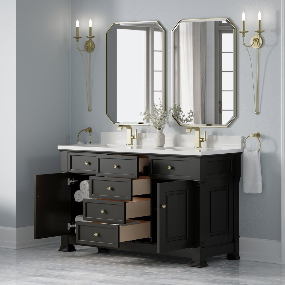 James Martin - Brookfield 60" Double Vanity, Black Onyx w/ Single Hole 3CM White Zeus Silestone Top & Backsplash - 547-V60D-BKO-1WZ view 5