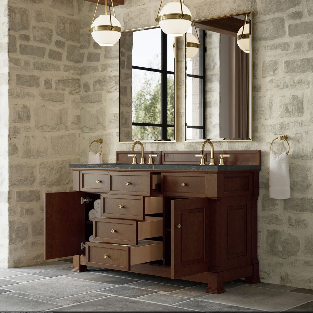 James Martin - Brookfield 60" Double Vanity, Honey Oak w/ 3 CM Parisien Bleu Silestone Top w/FreePower Wireless Charger - 547-V60D-HNO-FPBL view 7