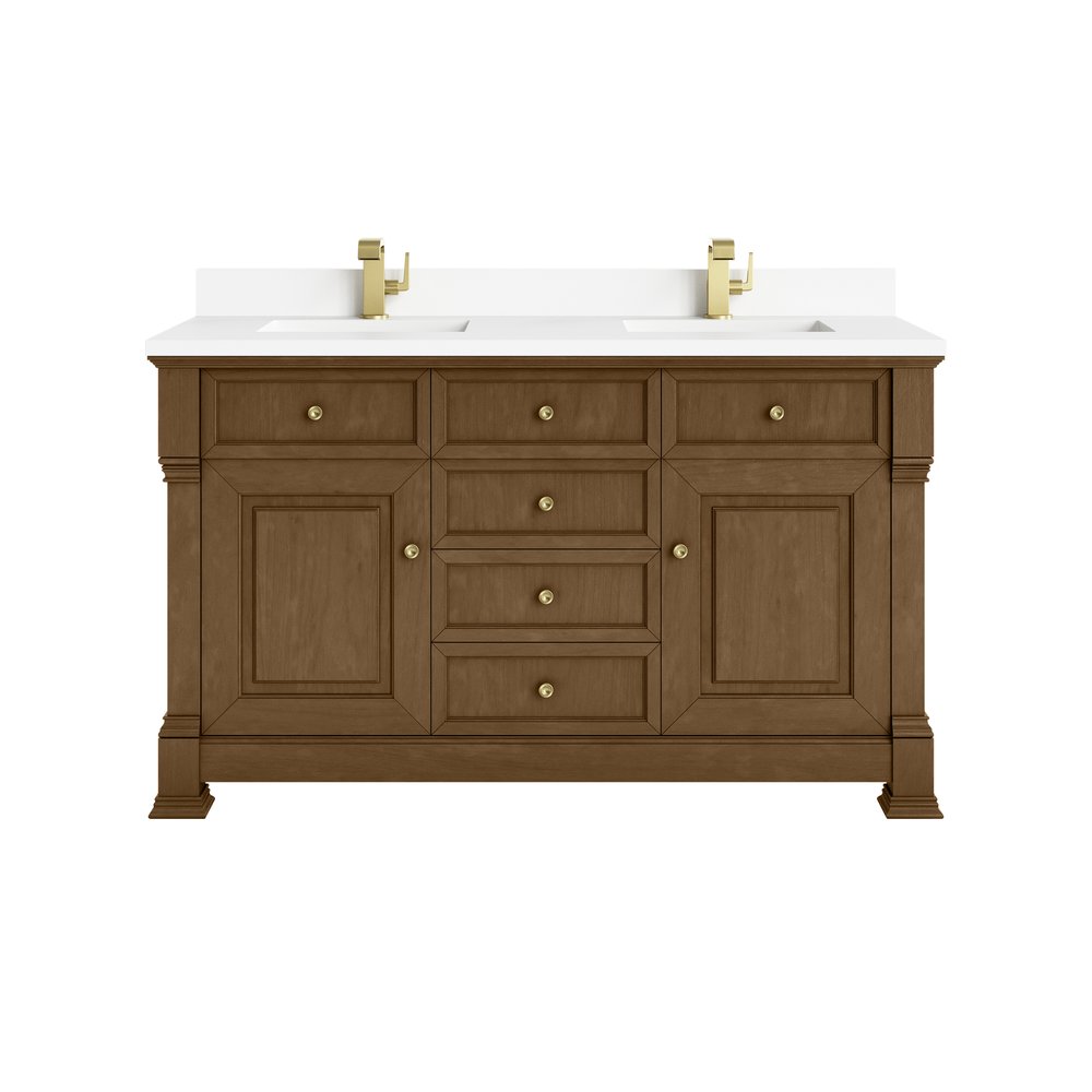 James Martin - Brookfield 60" Double Vanity, Honey Oak w/ Single Hole 3 CM White Zeus Silestone Top & Backsplash - 547-V60D-HNO-1WZ view 1