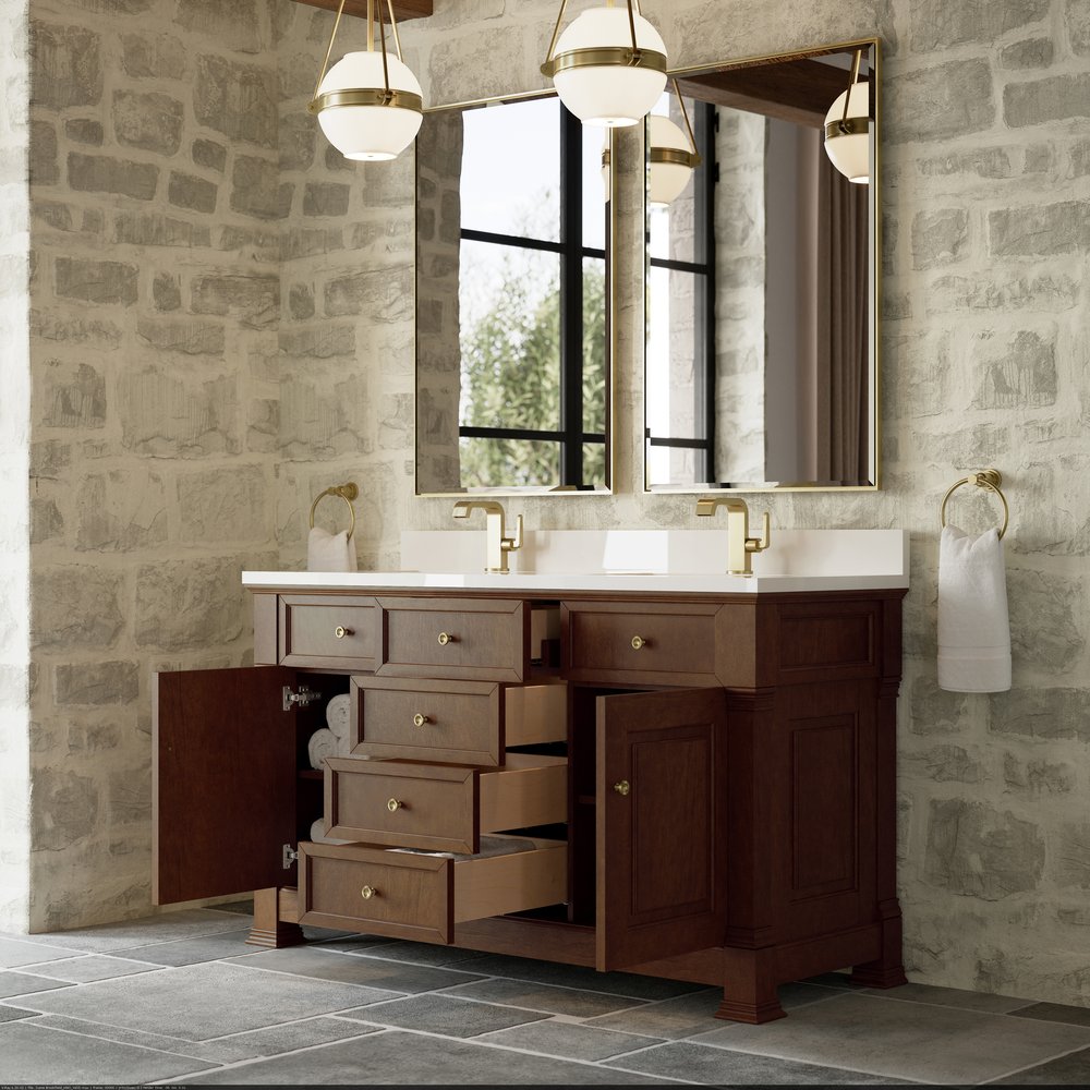 James Martin - Brookfield 60" Double Vanity, Honey Oak w/ Single Hole 3 CM White Zeus Silestone Top & Backsplash - 547-V60D-HNO-1WZ view 5