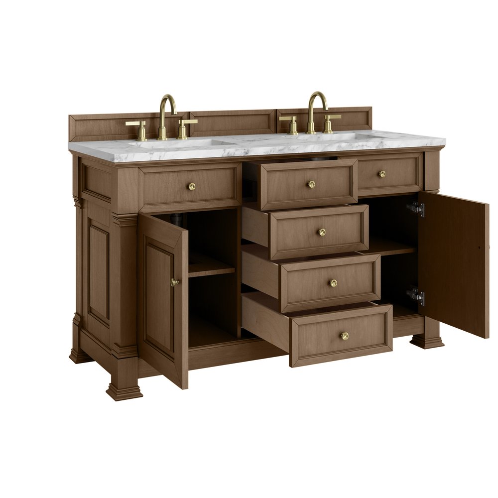 James Martin - Brookfield 60" Double Vanity, Pecan w/3 CM Carrara White Marble Top - 547-V60D-PCN-3CAR view 8