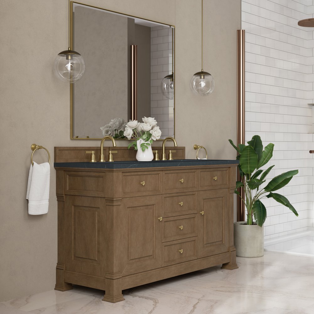 James Martin - Brookfield 60" Double Vanity, Pecan w/3 CM Charcoal Soapstone Silestone Top - 547-V60D-PCN-3CSP view 4