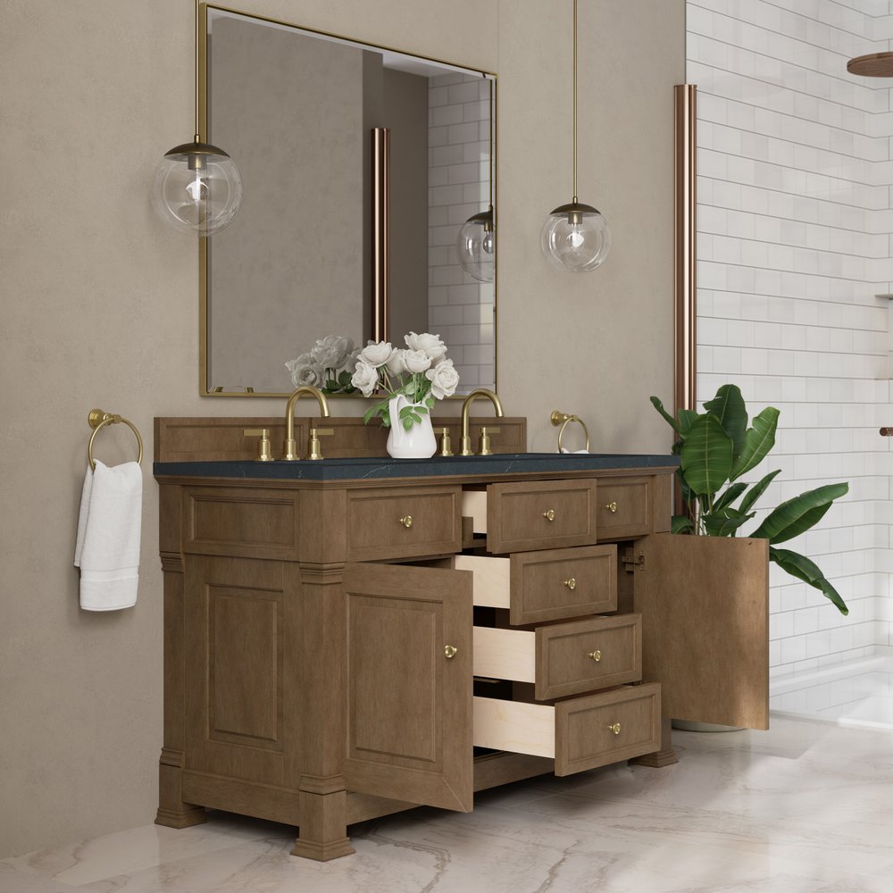 James Martin - Brookfield 60" Double Vanity, Pecan w/3 CM Charcoal Soapstone Silestone Top - 547-V60D-PCN-3CSP view 5