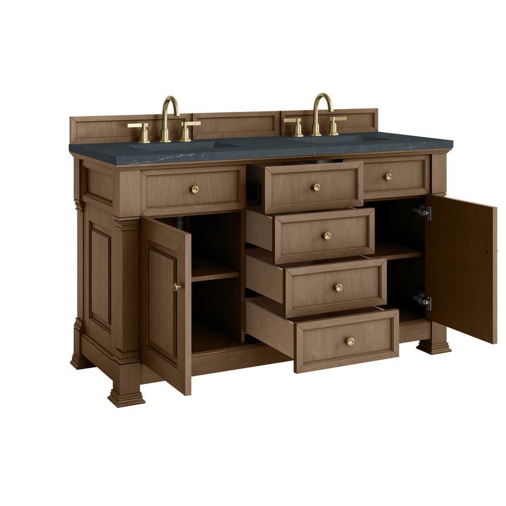 James Martin - Brookfield 60" Double Vanity, Pecan w/3 CM Charcoal Soapstone Silestone Top - 547-V60D-PCN-3CSP view 8