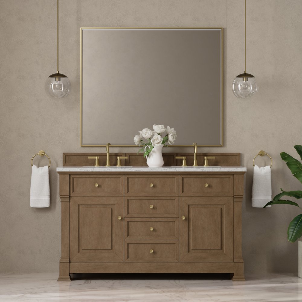 James Martin - Brookfield 60" Double Vanity, Pecan w/3 CM Eternal Jasmine Pearl Silestone Top - 547-V60D-PCN-3EJP view 3