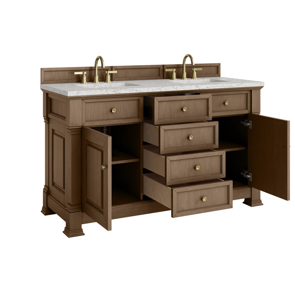 James Martin - Brookfield 60" Double Vanity, Pecan w/3 CM Eternal Jasmine Pearl Silestone Top - 547-V60D-PCN-3EJP view 8