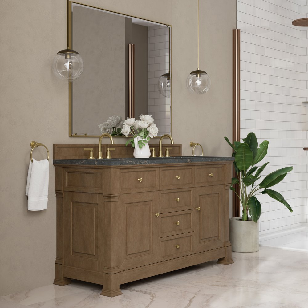 James Martin - Brookfield 60" Double Vanity, Pecan w/ 3 CM Parisien Bleu Silestone Top - 547-V60D-PCN-3PBL view 4