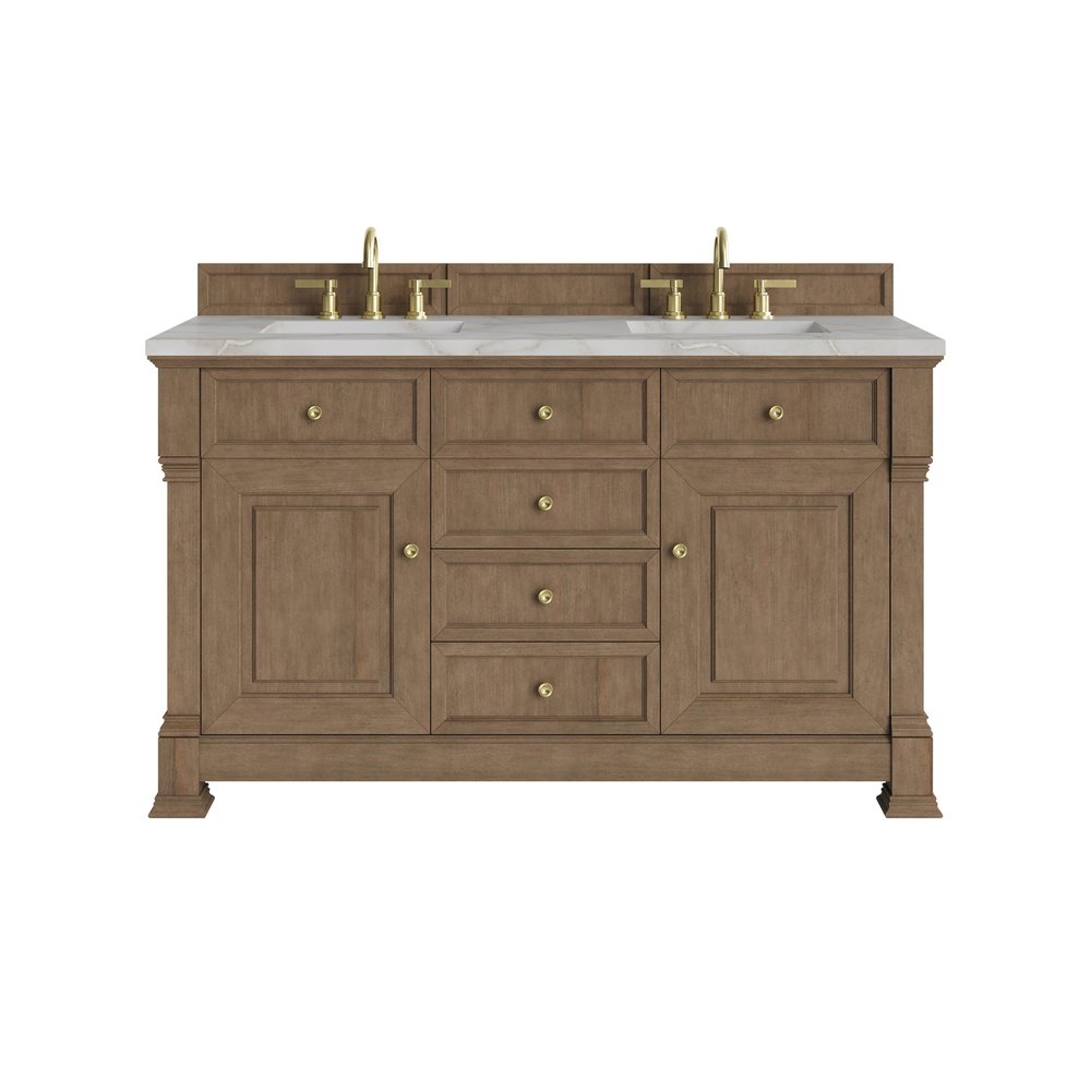 James Martin - Brookfield 60" Double Vanity, Pecan w/ 3 CM Victorian Silver Silestone Top - 547-V60D-PCN-3VSL view 1