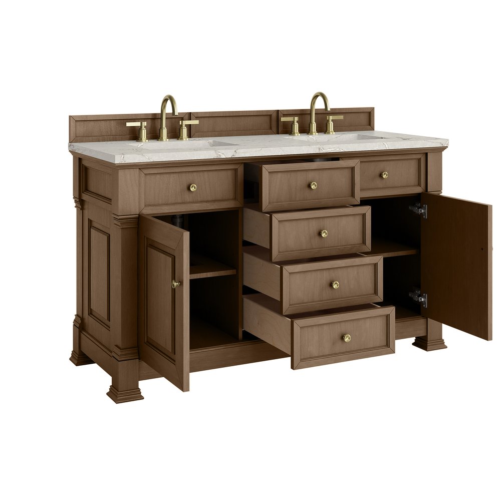 James Martin - Brookfield 60" Double Vanity, Pecan w/ 3 CM Victorian Silver Silestone Top w/FreePower Wireless Charger - 547-V60D-PCN-FVSL view 10