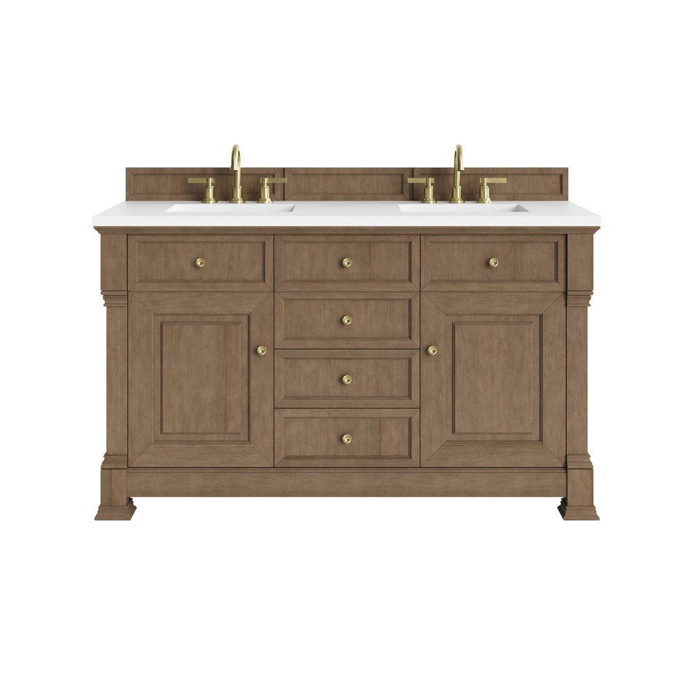 James Martin - Brookfield 60" Double Vanity, Pecan, w/ 3 CM White Zeus Silestone  Top - 547-V60D-PCN-3WZ view 1