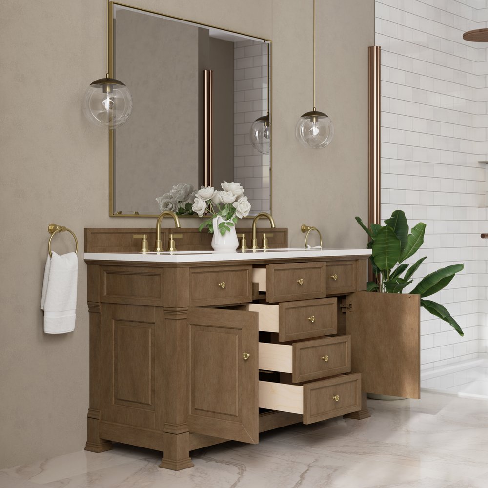 James Martin - Brookfield 60" Double Vanity, Pecan, w/ 3 CM White Zeus Silestone  Top - 547-V60D-PCN-3WZ view 5