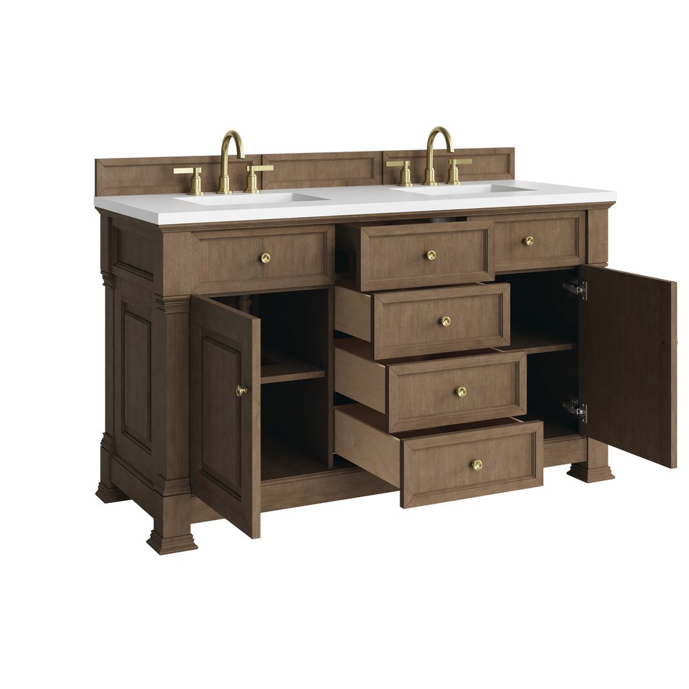James Martin - Brookfield 60" Double Vanity, Pecan, w/ 3 CM White Zeus Silestone  Top - 547-V60D-PCN-3WZ view 8