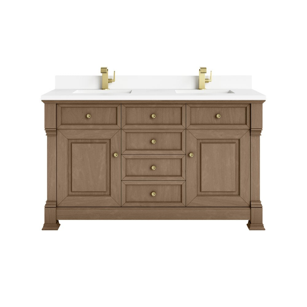 James Martin - Brookfield 60" Double Vanity, Pecan w/ Single Hole 3CM White Zeus Silestone Top & Backsplash - 547-V60D-PCN-1WZ view 1