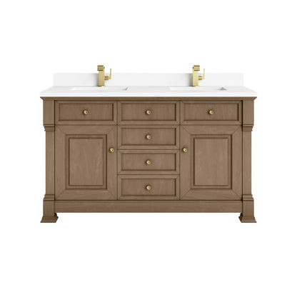 James Martin - Brookfield 60" Double Vanity, Pecan w/ Single Hole 3CM White Zeus Silestone Top & Backsplash - 547-V60D-PCN-1WZ view 1