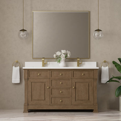 James Martin - Brookfield 60" Double Vanity, Pecan w/ Single Hole 3CM White Zeus Silestone Top & Backsplash - 547-V60D-PCN-1WZ view 3