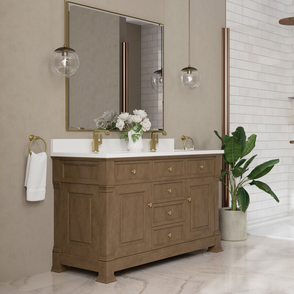 James Martin - Brookfield 60" Double Vanity, Pecan w/ Single Hole 3CM White Zeus Silestone Top & Backsplash - 547-V60D-PCN-1WZ view 4