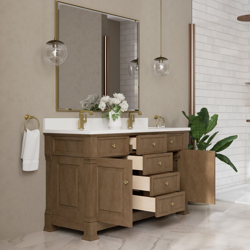 James Martin - Brookfield 60" Double Vanity, Pecan w/ Single Hole 3CM White Zeus Silestone Top & Backsplash - 547-V60D-PCN-1WZ view 5