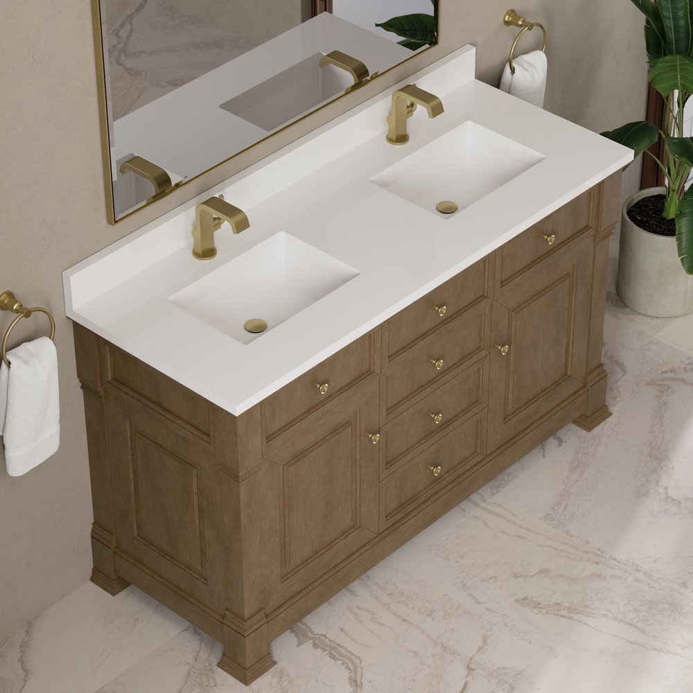 James Martin - Brookfield 60" Double Vanity, Pecan w/ Single Hole 3CM White Zeus Silestone Top & Backsplash - 547-V60D-PCN-1WZ view 7
