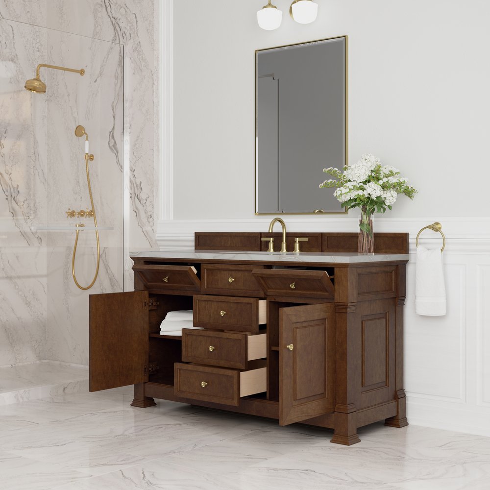 James Martin - Brookfield 60" Single Vanity, Honey Oak w/ 3 CM Victorian Silver Silestone Top w/ FreePower Wireless Charger - 547-V60S-HNO-FVSL view 6